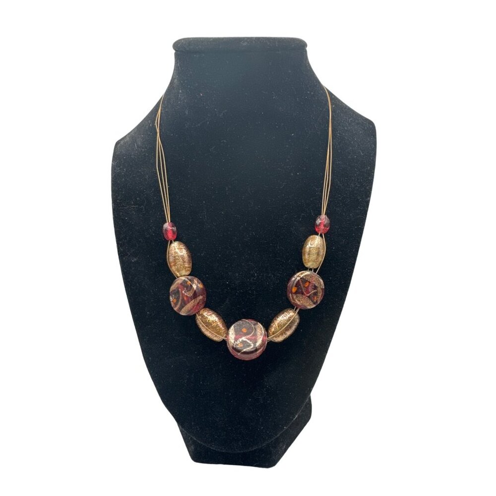 Gold and Maroon Glass Bead Necklace on Copper Wire 16 inch with 3 inch extender